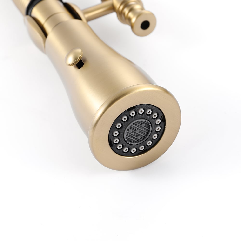 Brushed Gold High Arc Dual-Mode Pull-Down Kitchen Faucet Solid Brass Porcelain Handle