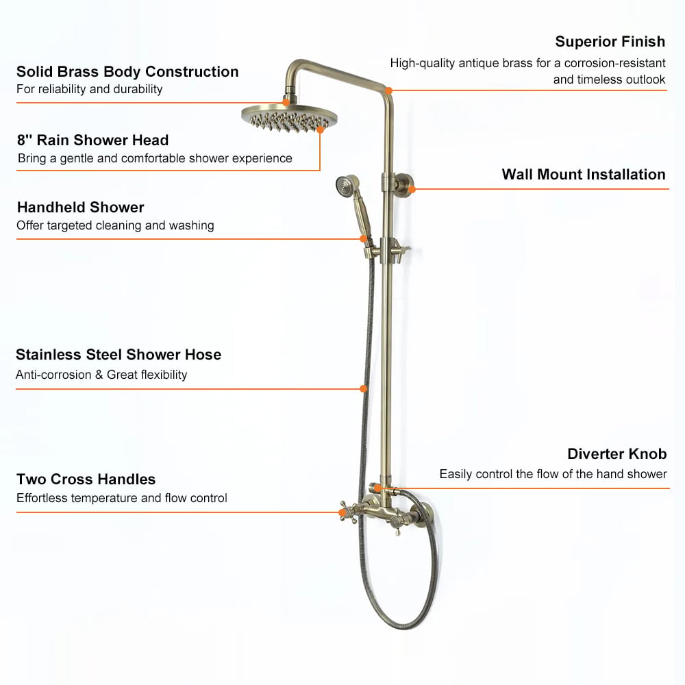 Classic Exposed Antique Brass Two Handle Round Rainshower Shower Fixture Solid Brass