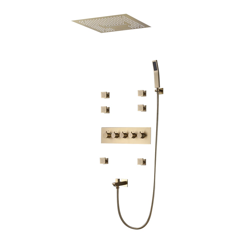 Ceiling-Mounted 16" Shower System in Brushed Gold 4-Function Thermostatic