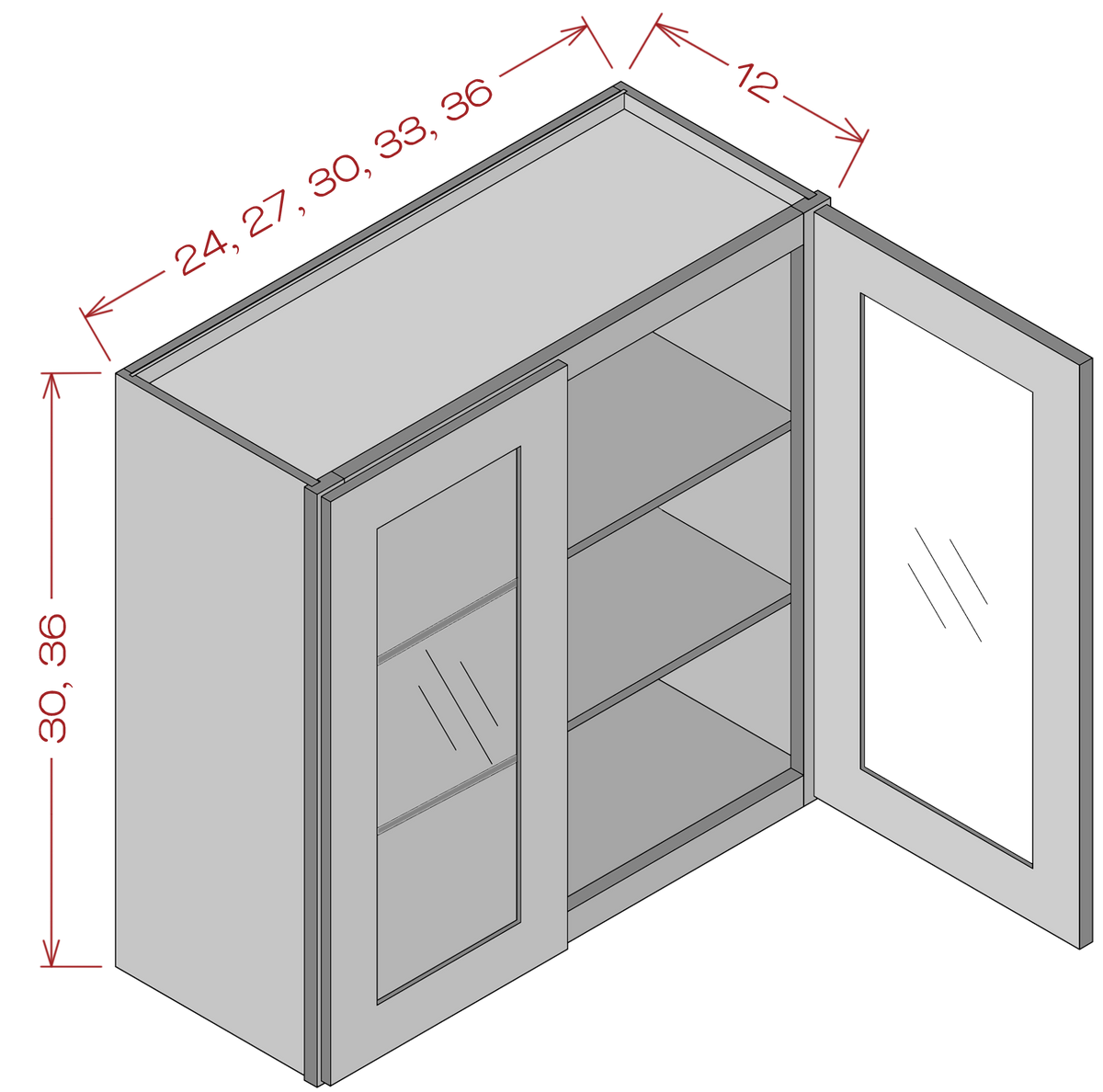 Double Glass Door Wall Cabinets - Shaker Gray
