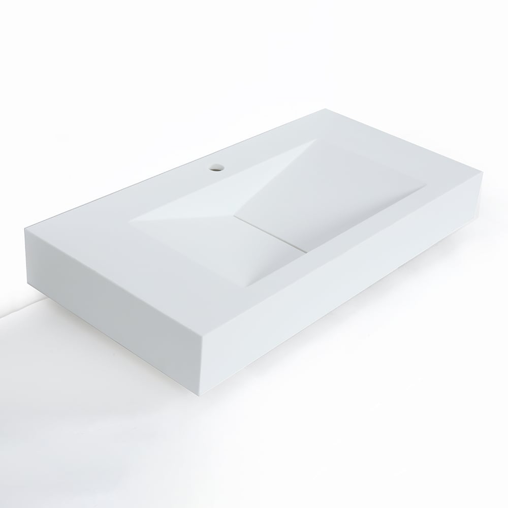 Matte White Wall-Mount Floating Sink Solid Surface Stone Resin Bathroom V-Shaped Sink