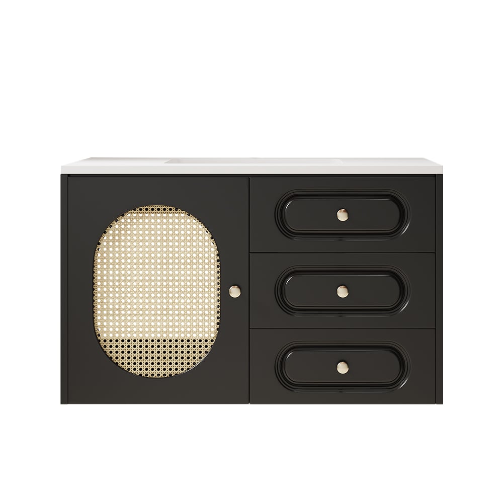31" Black Floating Bathroom Vanity Set Undermount Ceramic Sink with Rattan Door Cabinet