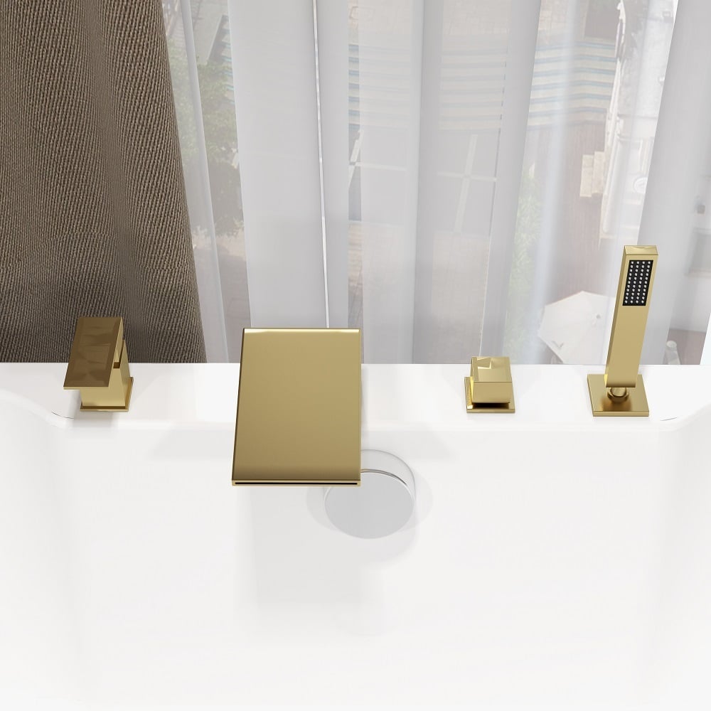 Waterfall Deck-Mount Roman Tub Faucet with Handshower in Brushed Gold