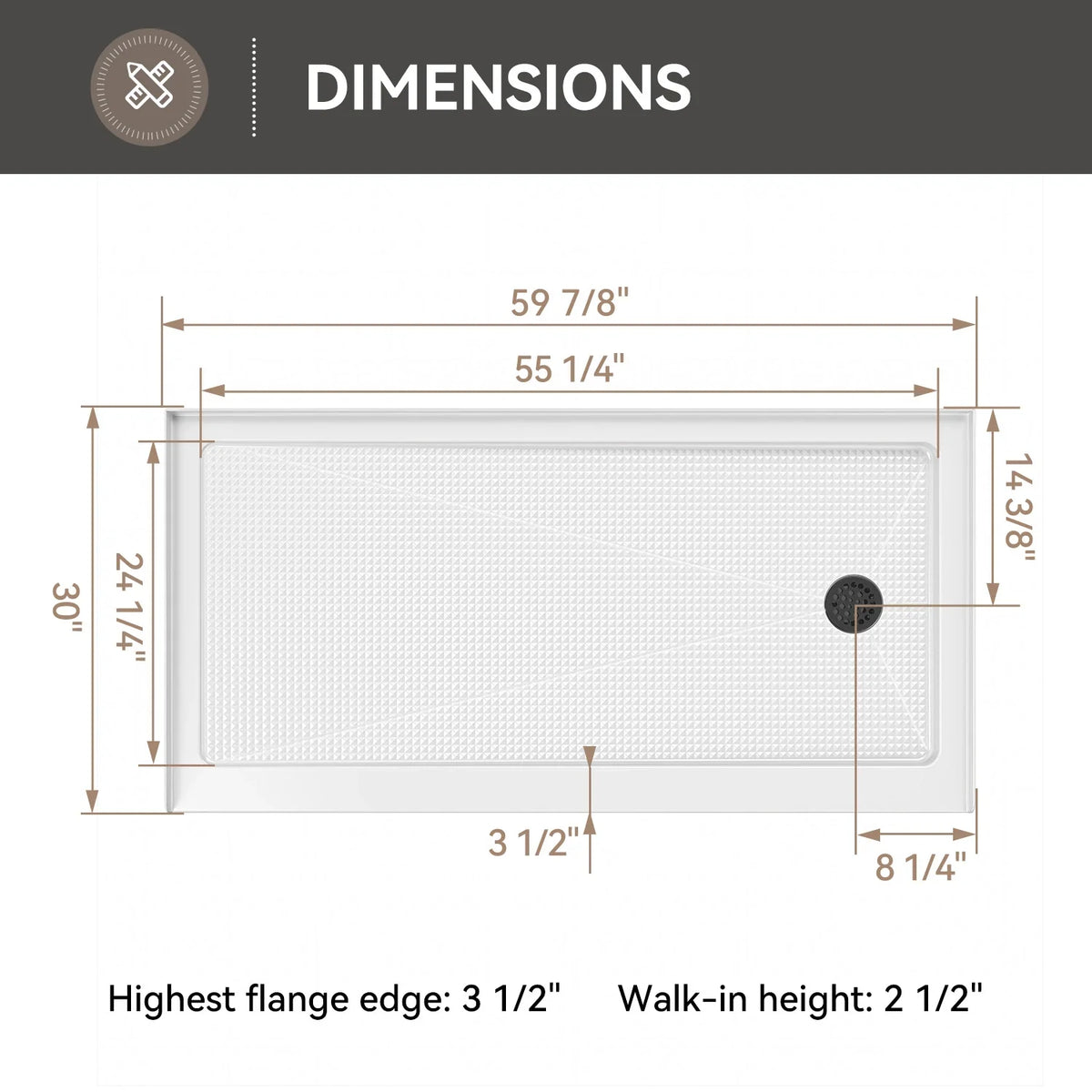 BS6030-MB-R Shower Base – 60" x 30" Right Drain Non-Slip
