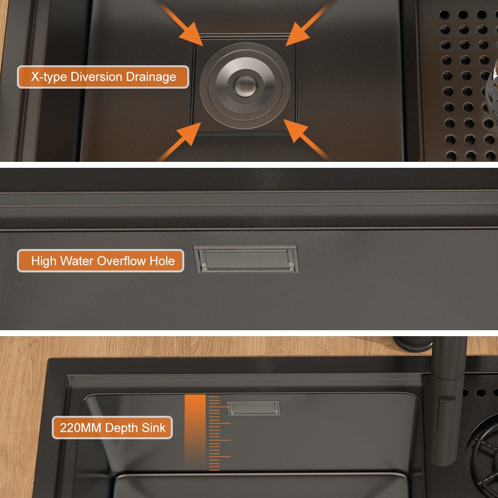Drop-in Kitchen Sink With High-pressure Cup Rinser Glass Washer Stainless Steel in Black