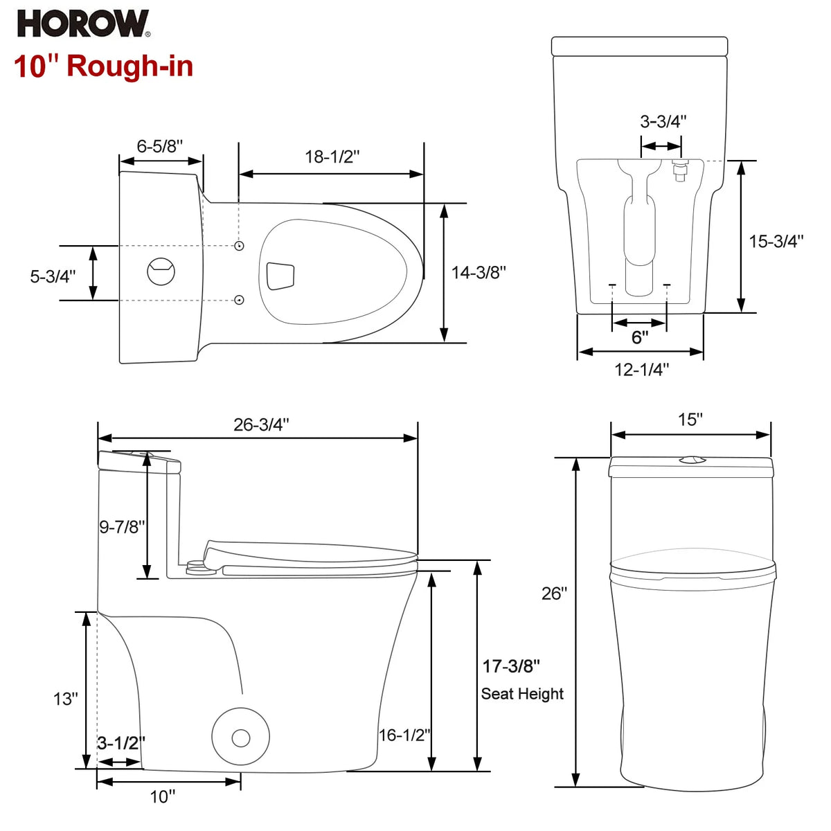 HOROW T0338W-10 10-Inch Rough-In One-Piece ADA Toilet with Dual Flush