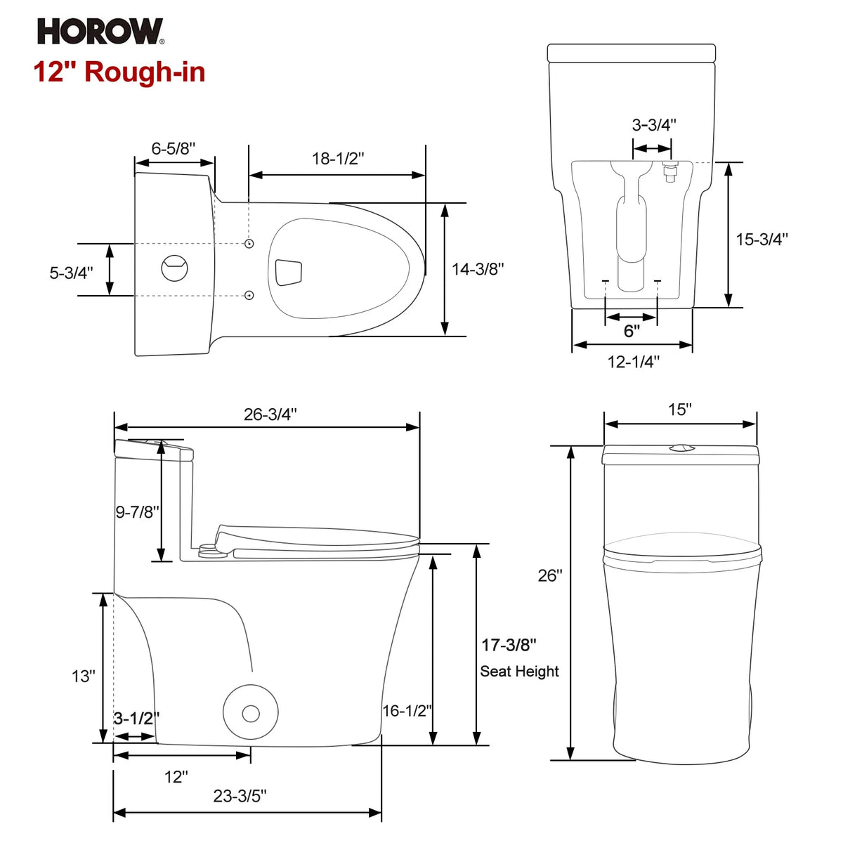 HOROW T0338W 12-Inch Rough-In One-Piece ADA Toilet with Dual Flush