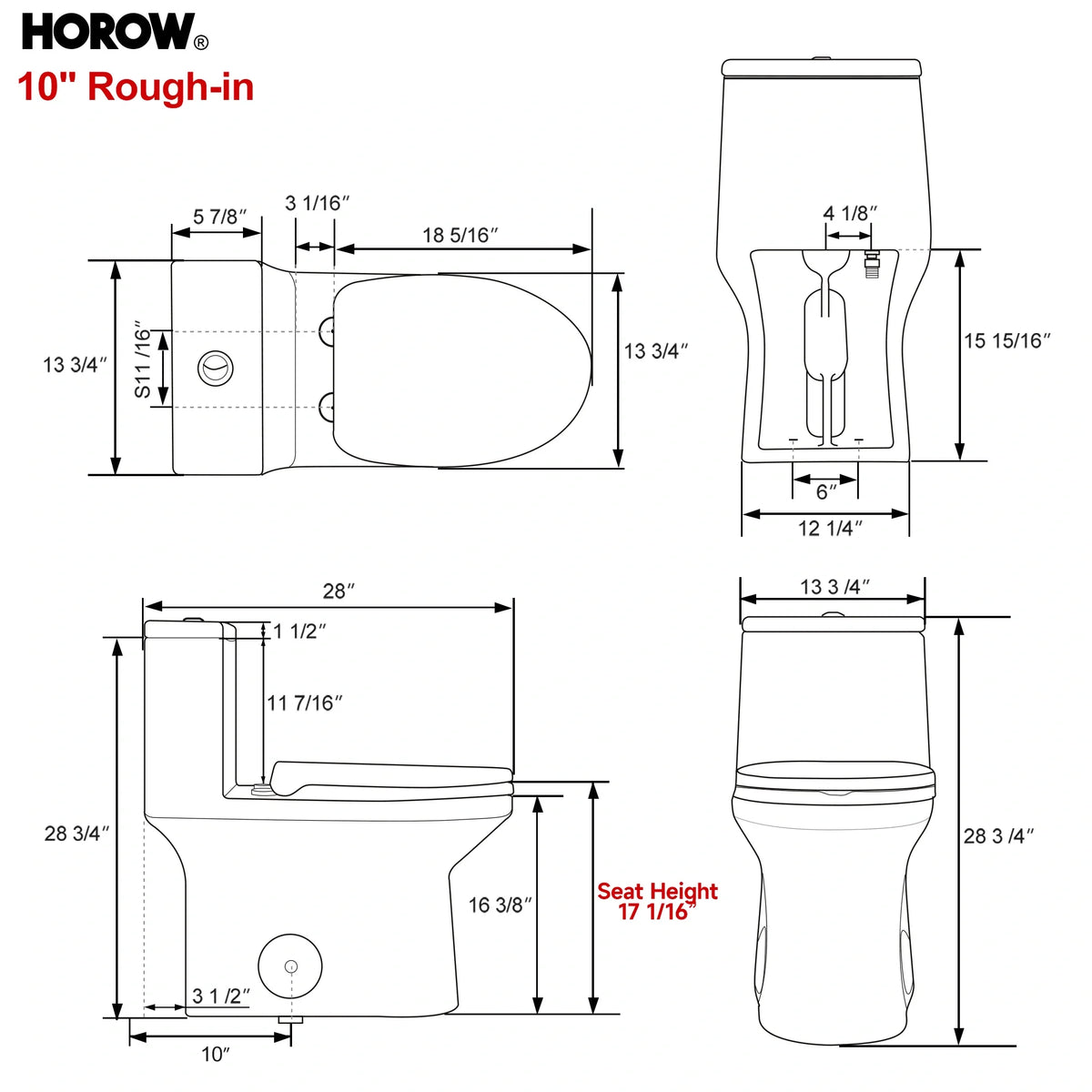 HOROW HWMT-138-10 10-Inch Rough-In One-Piece Toilet – ADA Height, Powerful Dual Flush