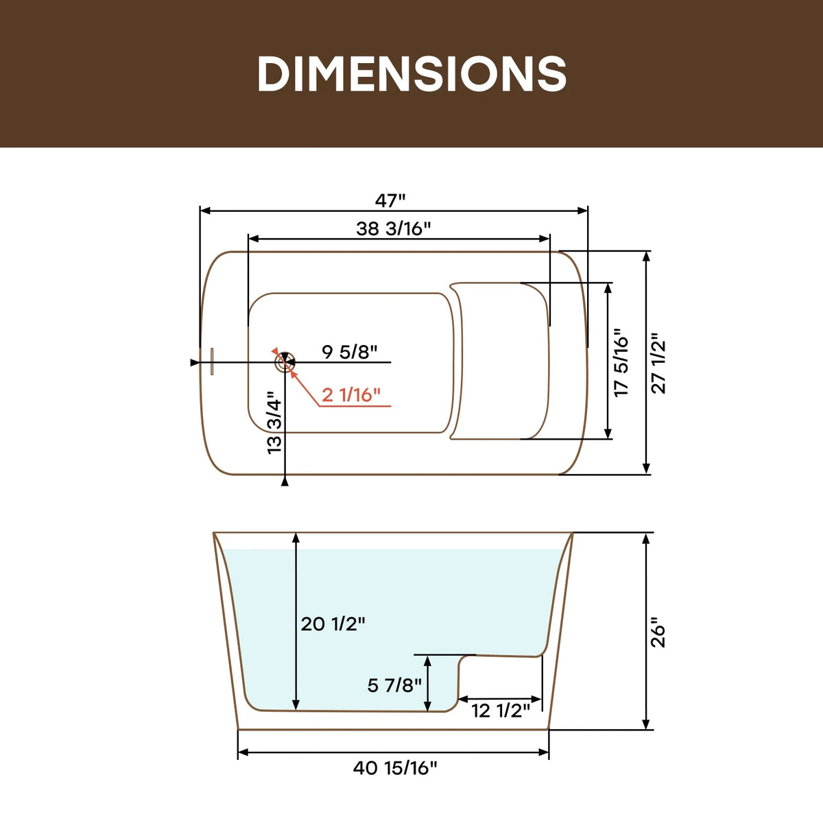 TU47-MB-A 47" Acrylic Soaking Bathtub with Seat & Pop-Up Drain
