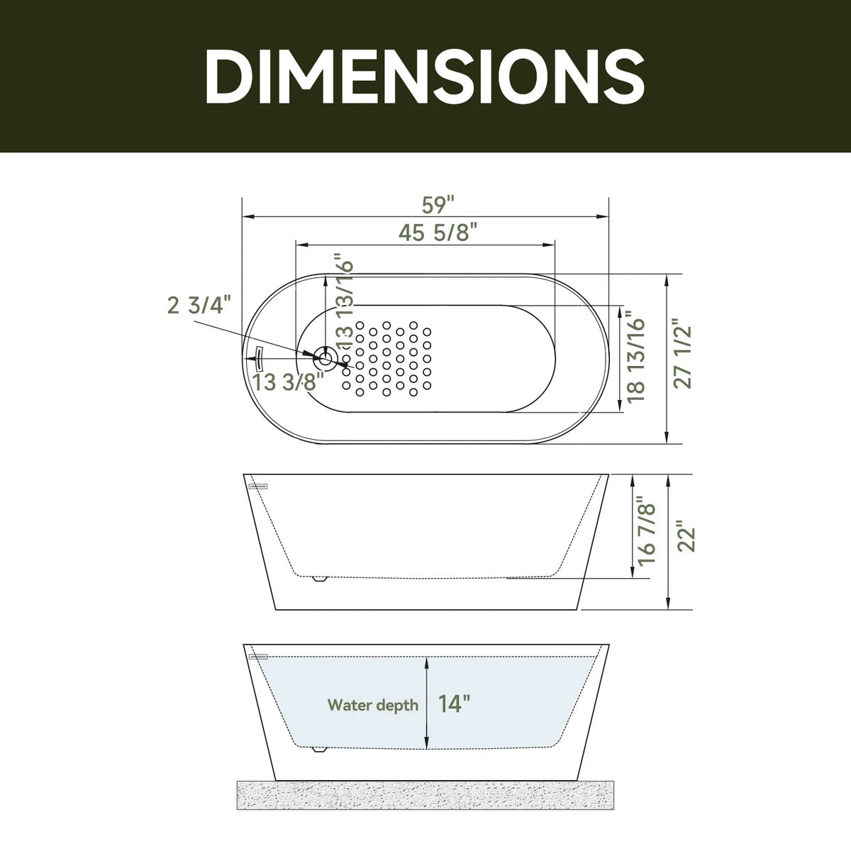 59” Brushed Nickel Freestanding Bathtub with Integrated Overflow & Drain