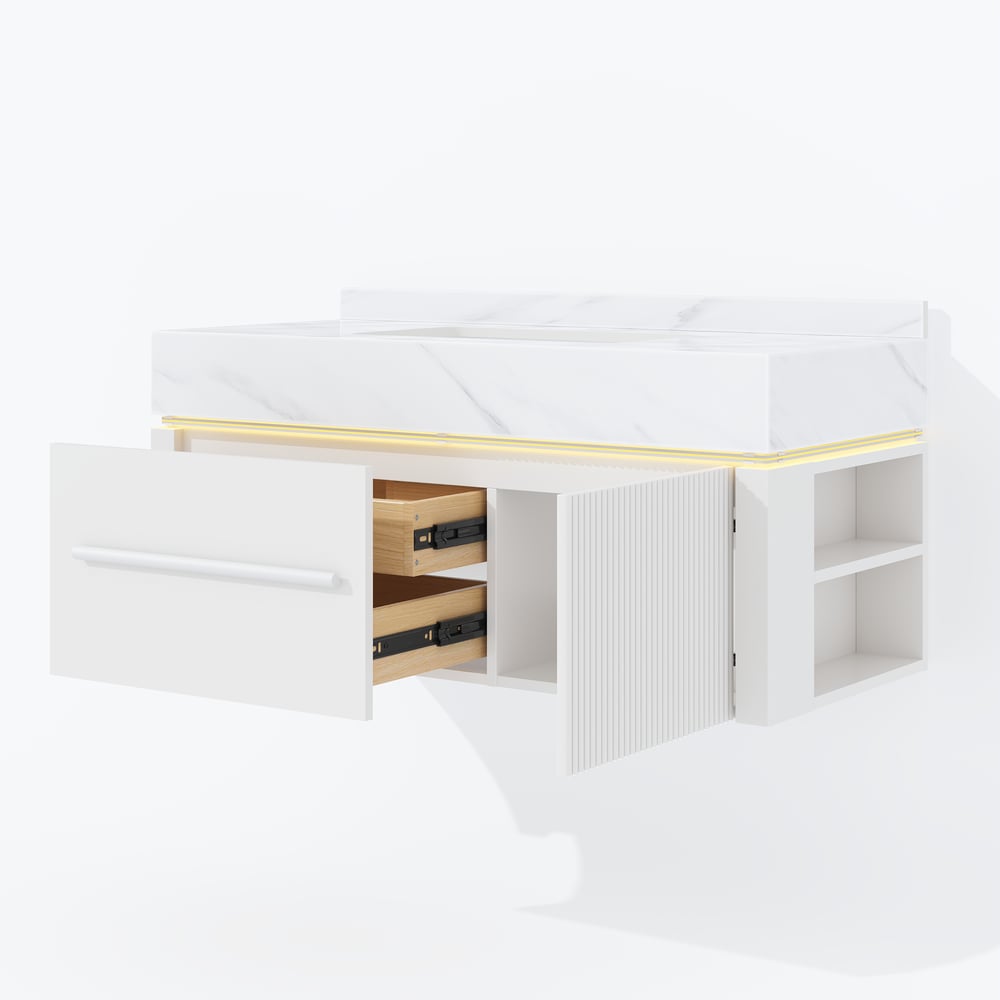 39.4" Wall-Mounted Bathroom Vanity with Sintered Stone Top, LED Sensor Light