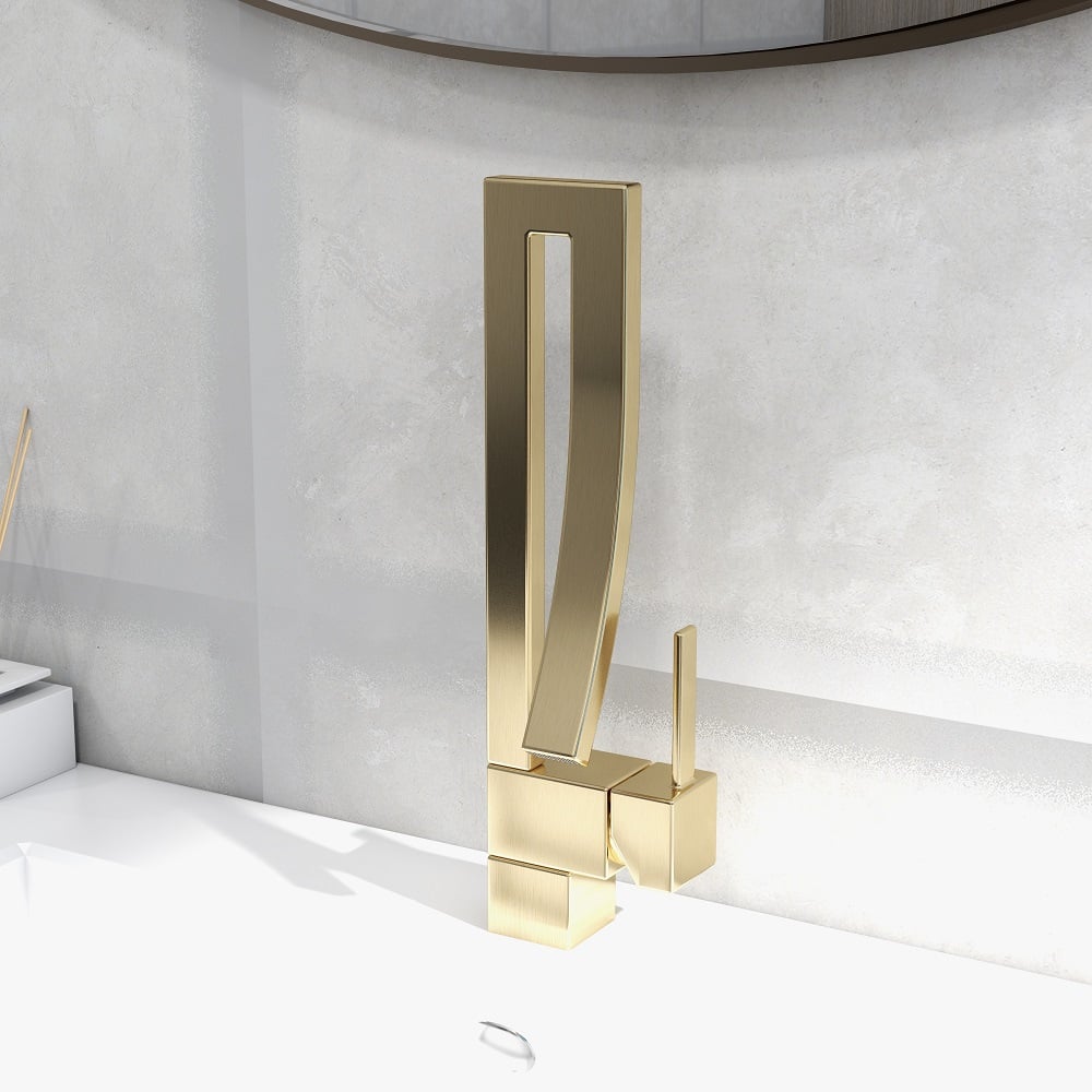 Brushed Gold Waterfall Bathroom Sink Faucet Single Hole Single Handle Brass Modern Style