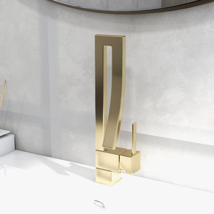 Brushed Gold Waterfall Bathroom Sink Faucet Single Hole Single Handle Brass Modern Style