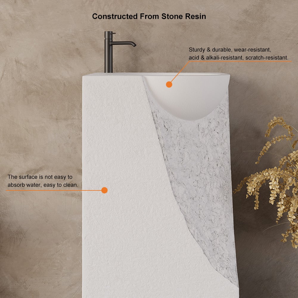 34" Japandi Tall Stone Resin Pedestal Sink with Rounded Basin Freestanding in White
