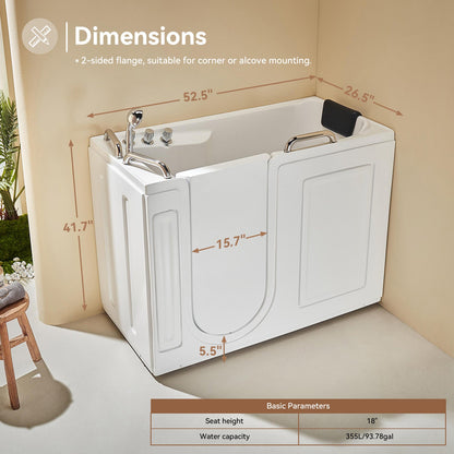 WT52-L 52" Walk-In Tub with Shower, 18" ADA Seat & 3 Handles
