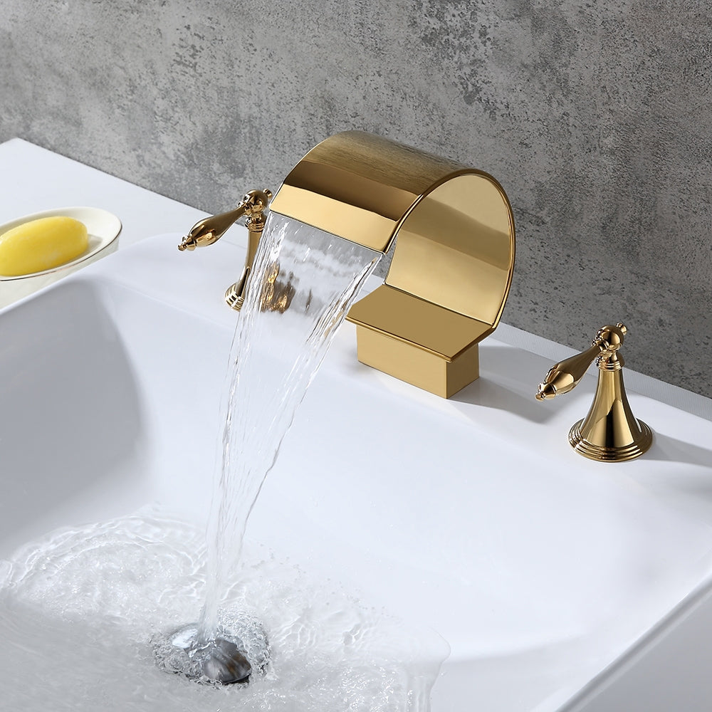 Mooni Waterfall Widespread Lever Handle Bathroom Sink Faucet in Glistening Gold
