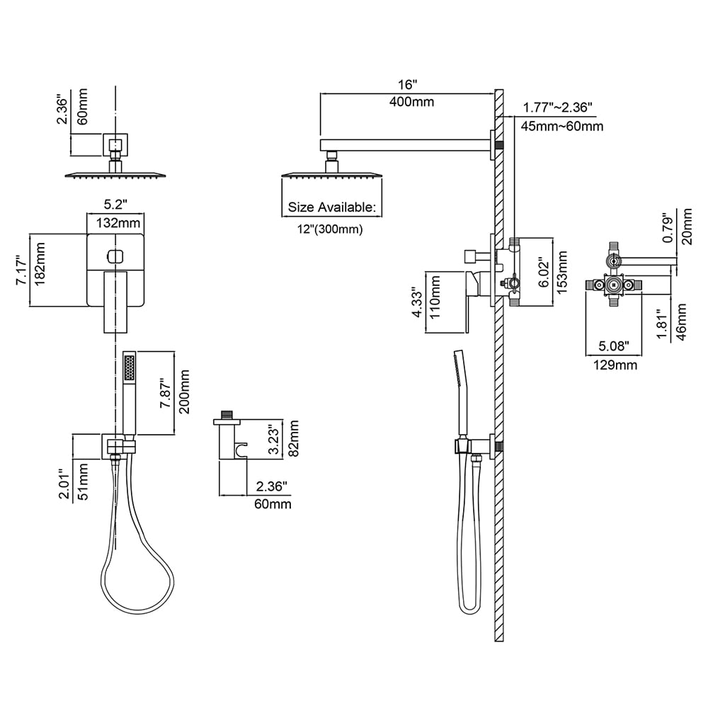 Modern 12" Wall Mounted Shower System with Handheld Shower Pressure Balance Valve