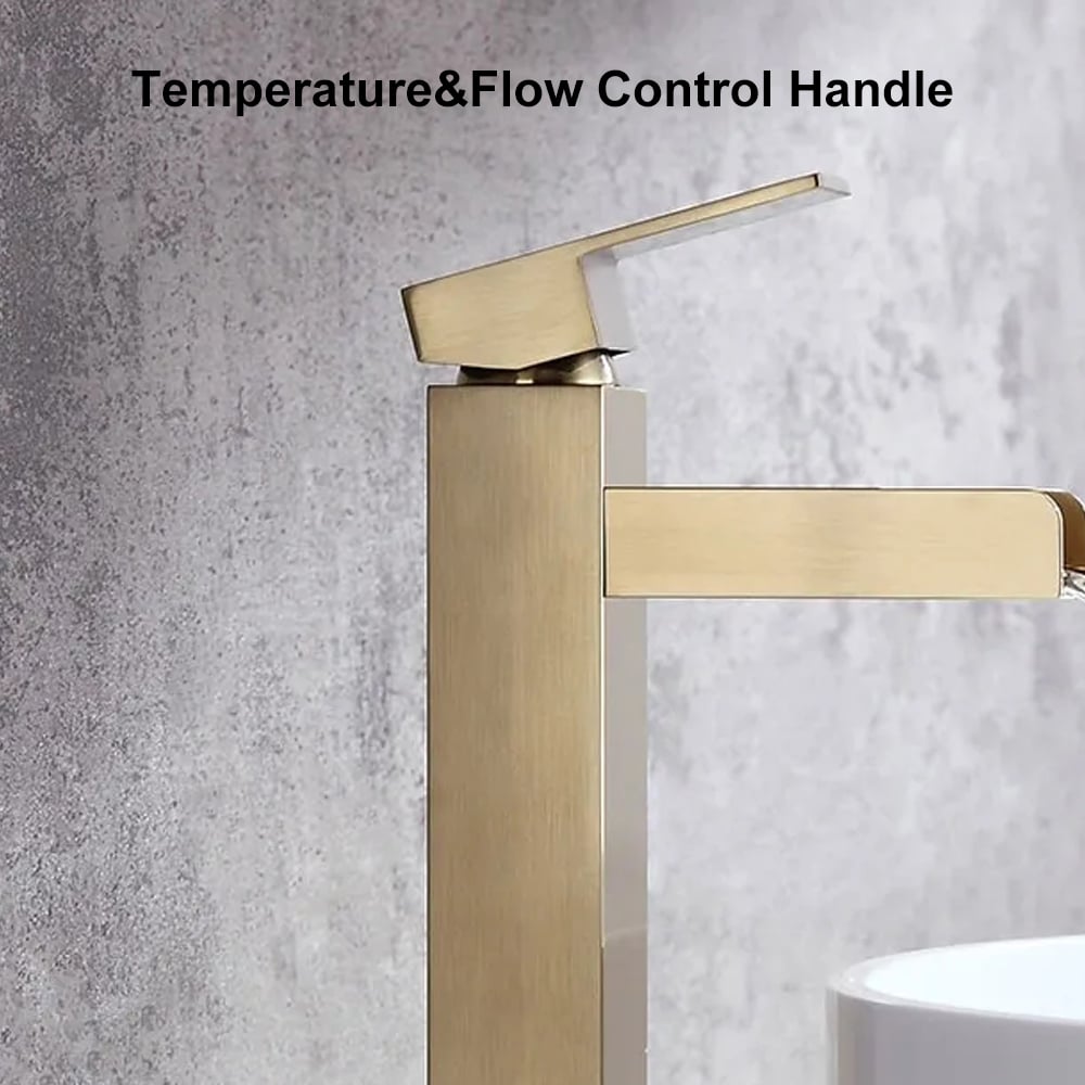 Brushed Gold Single Handle Waterfall Bathroom Vessel Sink Faucet Solid Brass Modern