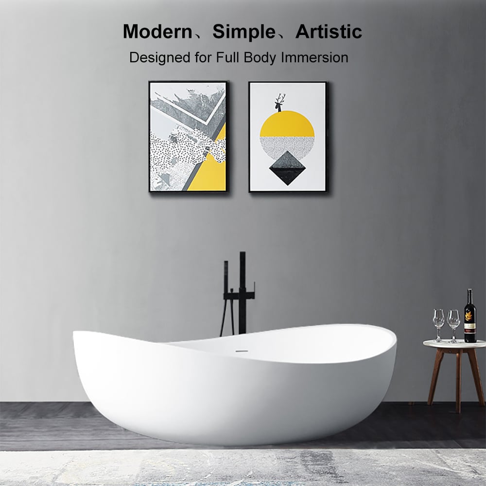 70" Modern Oval Freestanding Stone Resin Soaking Bathtub White 113.59-Gallon Capacity