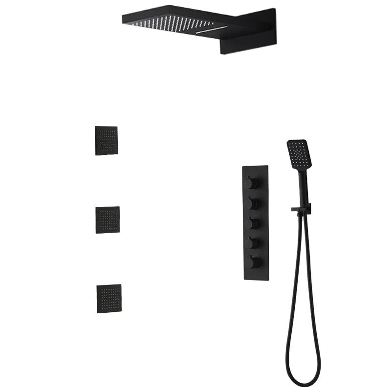 Wall Mounted Waterfall Rain Shower System with 3 Body Sprays in Matte Black Solid Brass