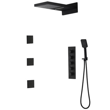 Wall Mounted Waterfall Rain Shower System with 3 Body Sprays in Matte Black Solid Brass