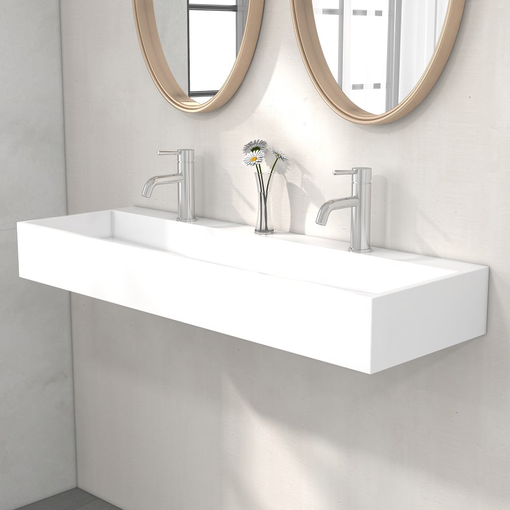 47 Inch Wall-Mount Double Sink Stone Resin Matte White Floating Trough Bathroom Sink