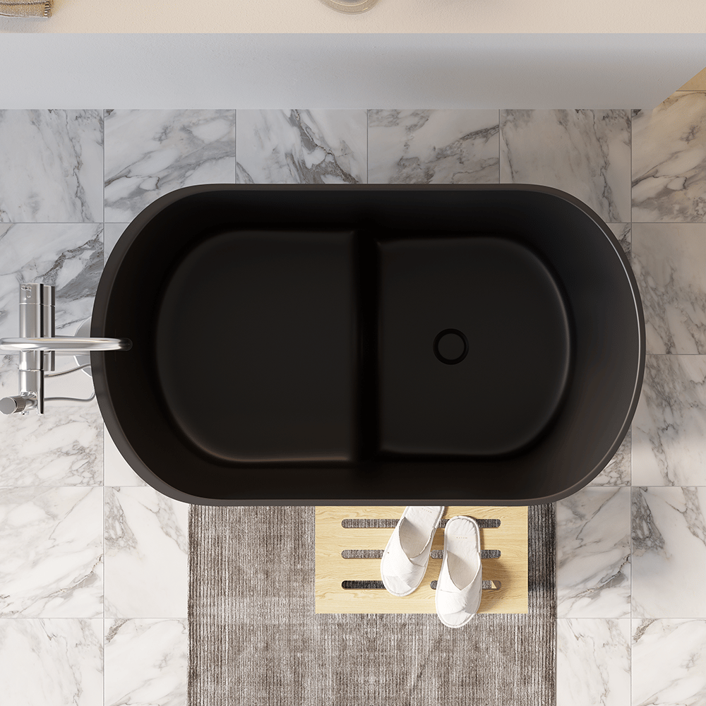 40" Modern Deep Oval Freestanding Matte Black Stone Resin Japanese Soaking Bathtub