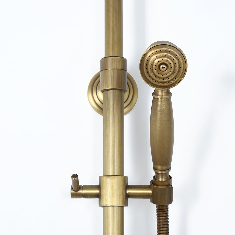 Antique Brass Exposed Wall Mount Shower System with 8" Rain Shower Head and Hand Shower