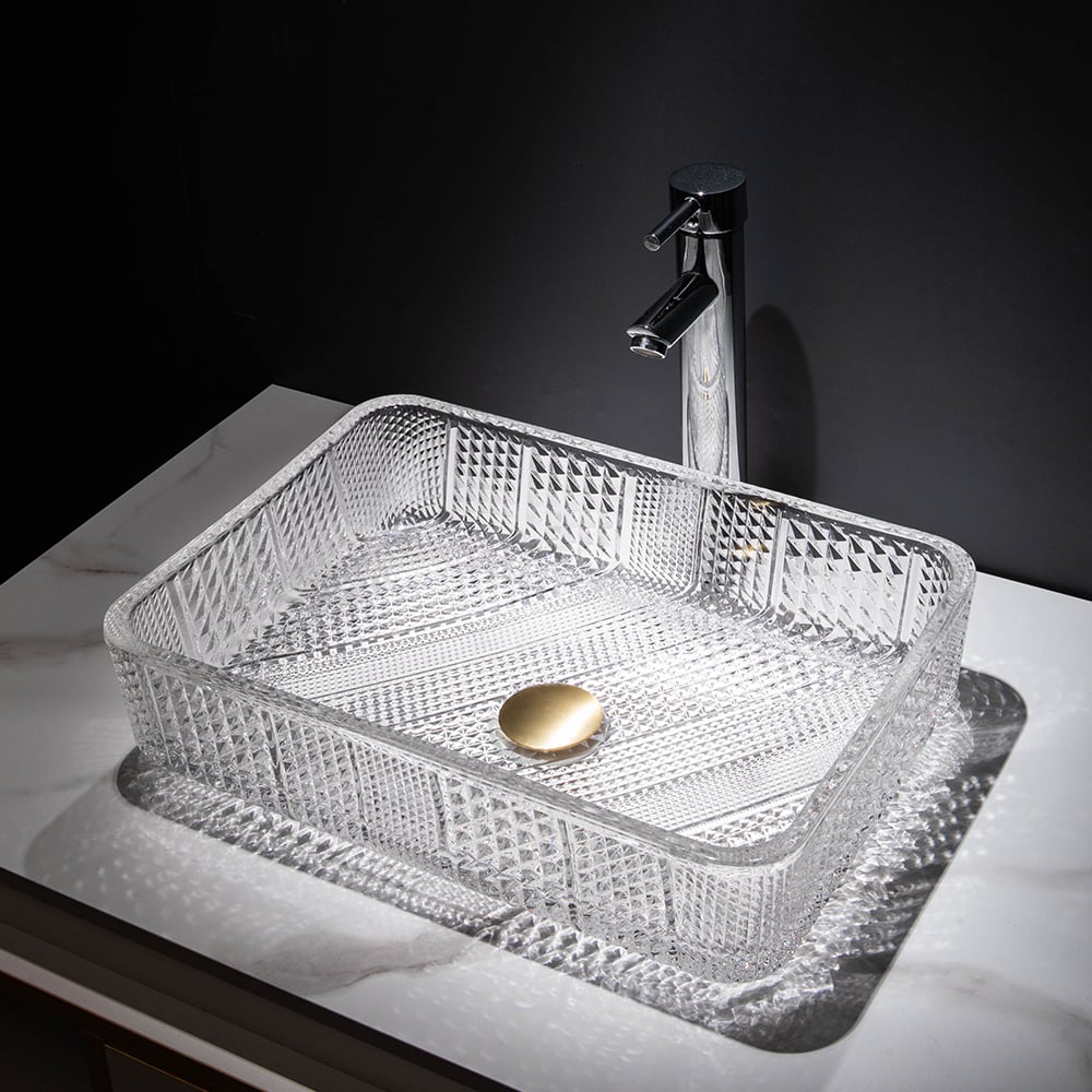 Modern Glass Rectangle Transparent Bathroom Vessel Sink Clear Wash Sink with Drain