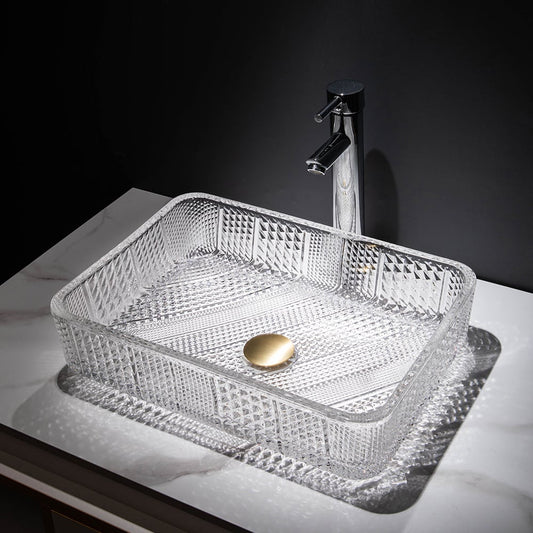 Modern Glass Rectangle Transparent Bathroom Vessel Sink Clear Wash Sink with Drain
