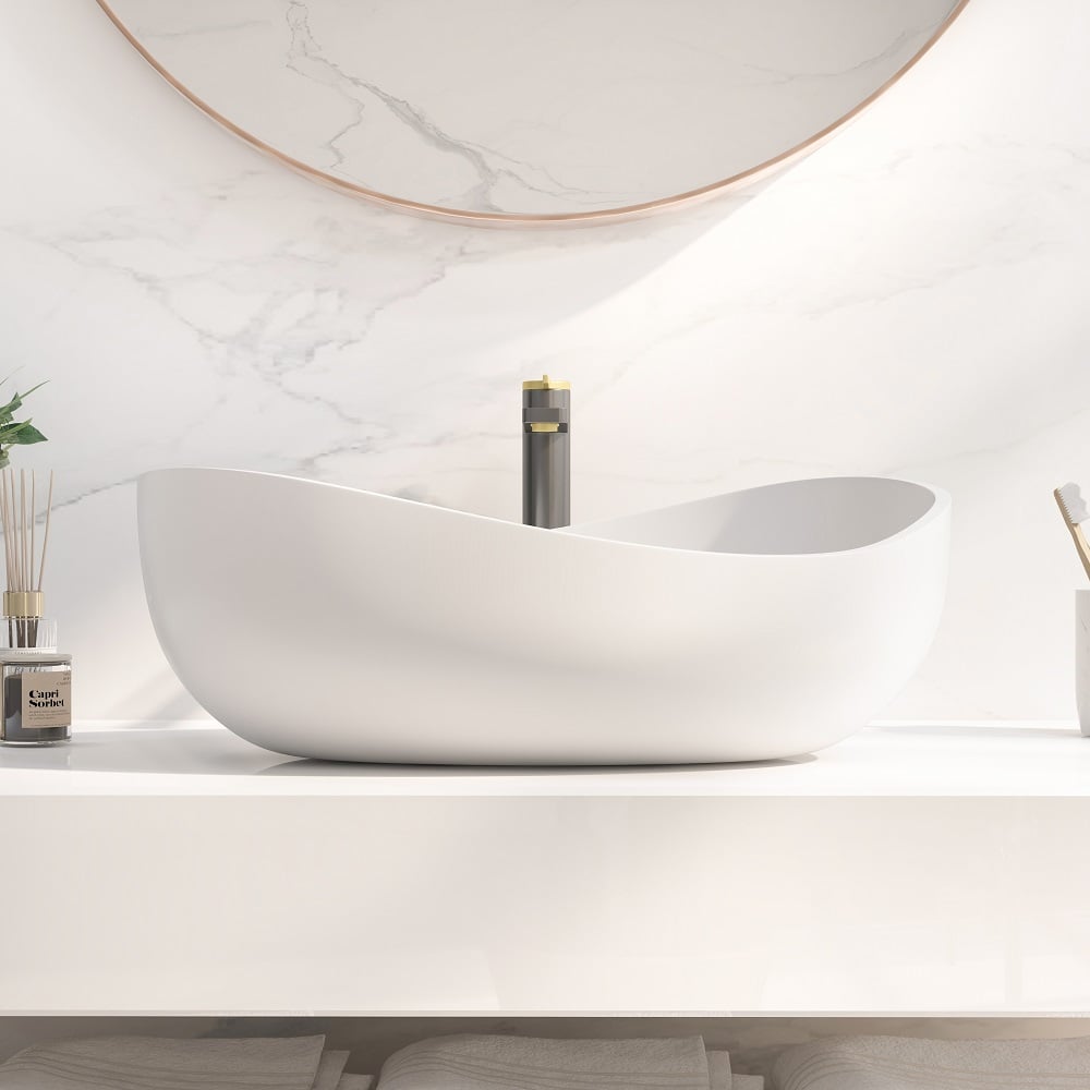 Bathroom Stone Resin Oval Vessel Sink Modern Art Sink Matte White with Pop Up Drain