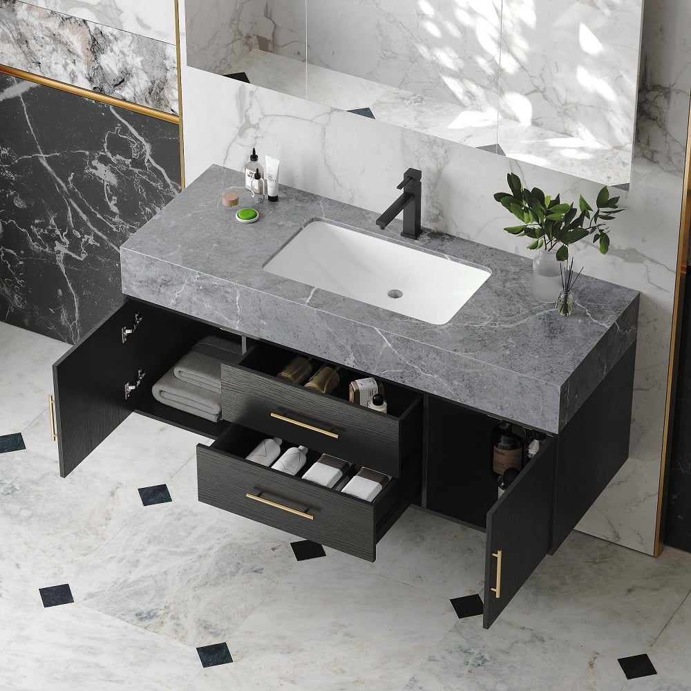 Modern 39" Black Floating Single Bathroom Vanity with Sintered Stone Top and Sink