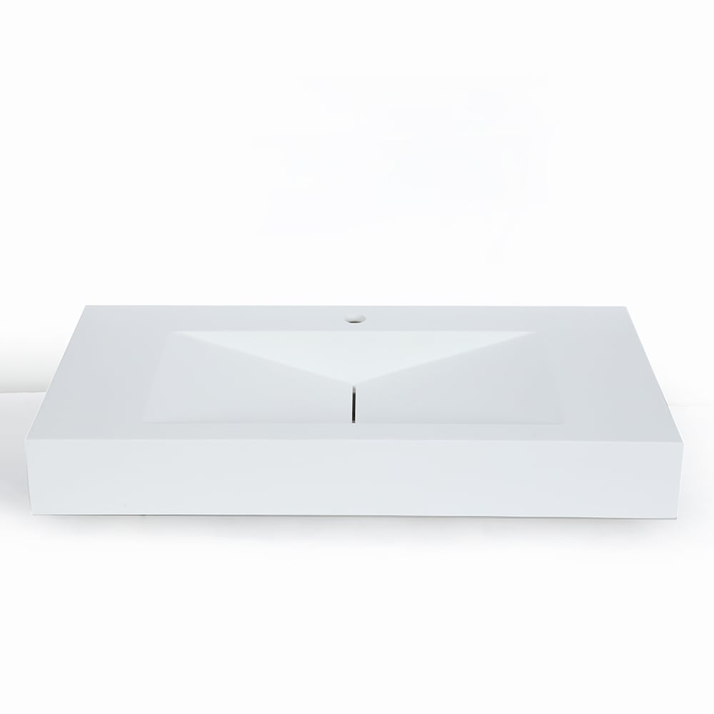 Matte White Wall-Mount Floating Sink Solid Surface Stone Resin Bathroom V-Shaped Sink