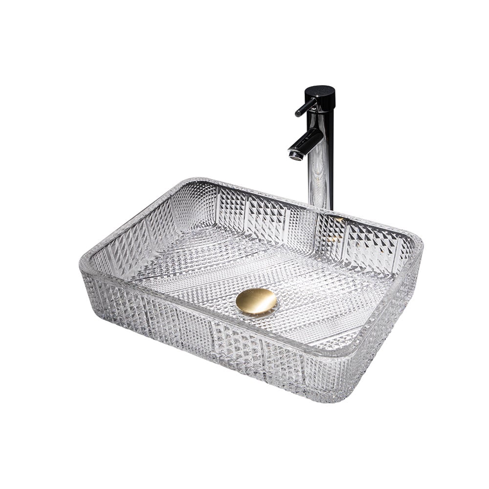 Modern Glass Rectangle Transparent Bathroom Vessel Sink Clear Wash Sink with Drain