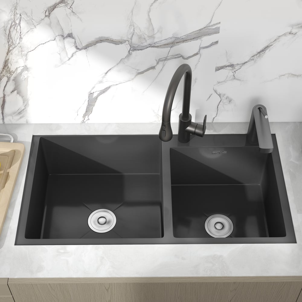 32" Black Stainless Steel Kitchen Sink Double Bowls Drop-In Sink with Drain and Overflow