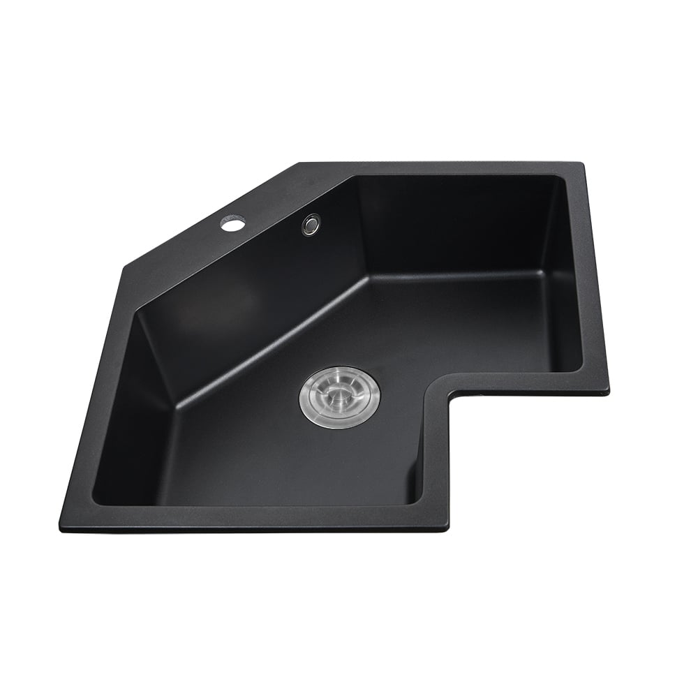 25" Black Drop In Corner Kitchen Sink Modern Single Bowl Quartz Irregular Sink