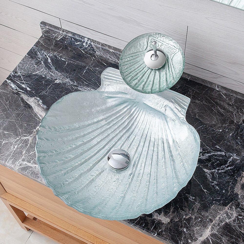 Vessel Transparent Shell Shaped Crystal Glass Bowl Bathroom Wash Sink with Faucet