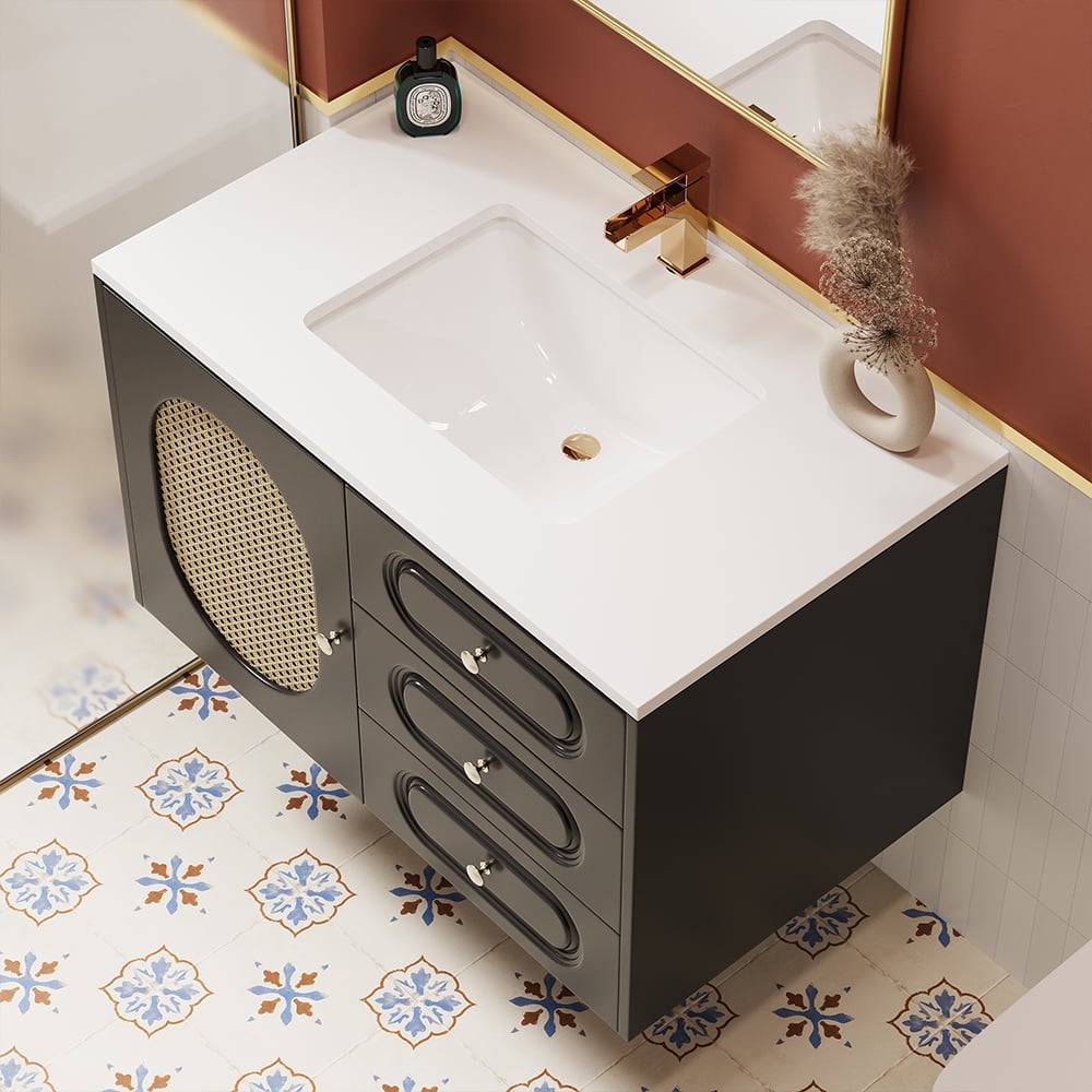 31" Black Floating Bathroom Vanity Set Undermount Ceramic Sink with Rattan Door Cabinet