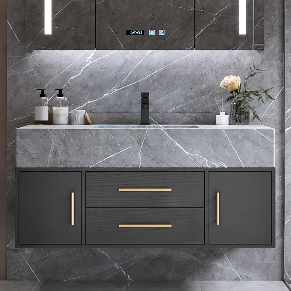 Modern 39" Black Floating Single Bathroom Vanity with Sintered Stone Top and Sink