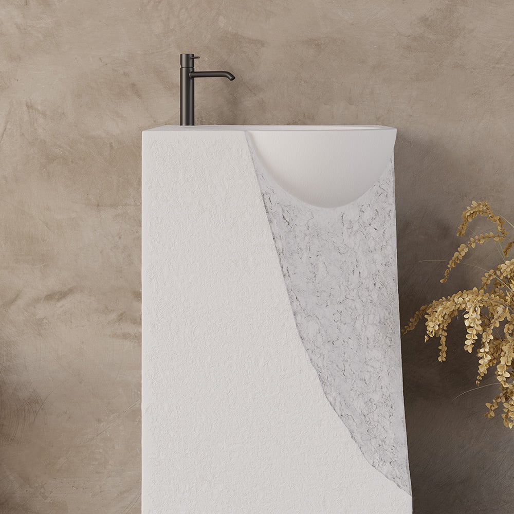 34" Japandi Tall Stone Resin Pedestal Sink with Rounded Basin Freestanding in White