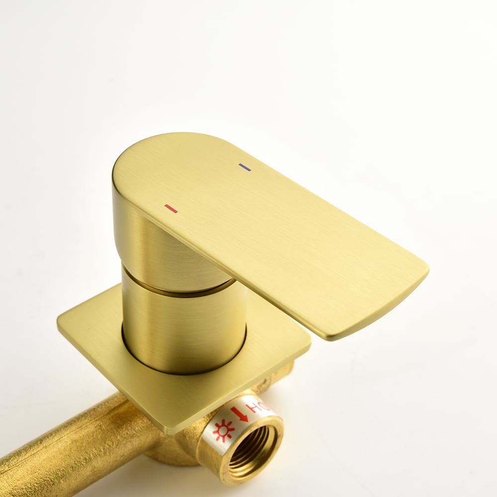 Brushed Gold Waterfall Bathroom Sink Faucet with Swirling Spout Wall-Mounted Solid Brass
