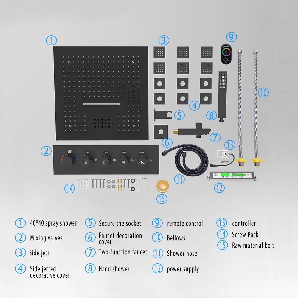 Wall-Mounted 16" Shower System in Black 4 Function Thermostatic