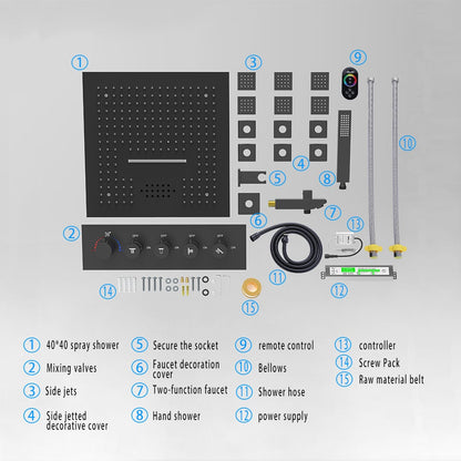 Wall-Mounted 16" Shower System in Black 4 Function Thermostatic