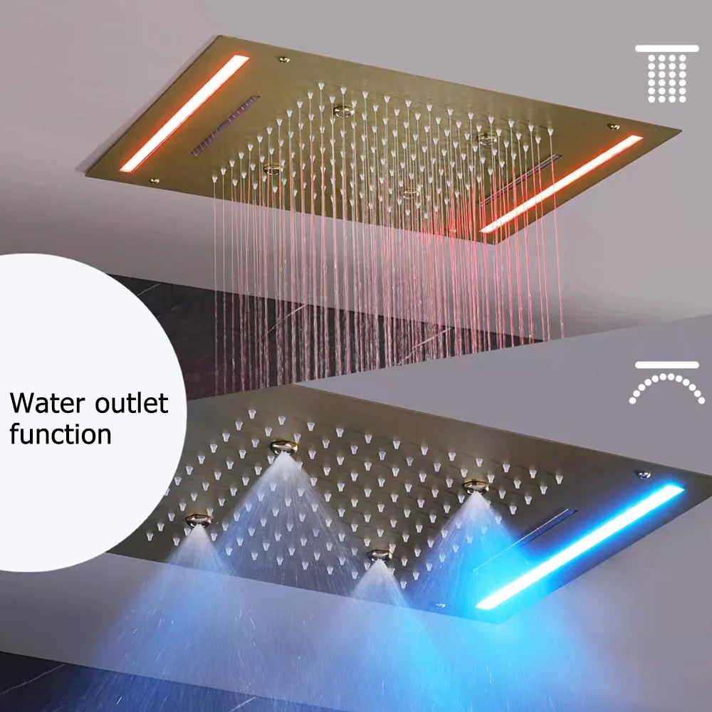 20" LED Rainfall Shower System in Brushed Gold with Multi-Function Ceiling Showerhead