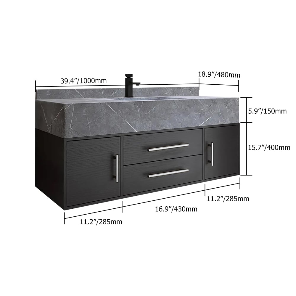 39.4" Black Floating Bathroom Vanity Set with LED Medicine Cabinet