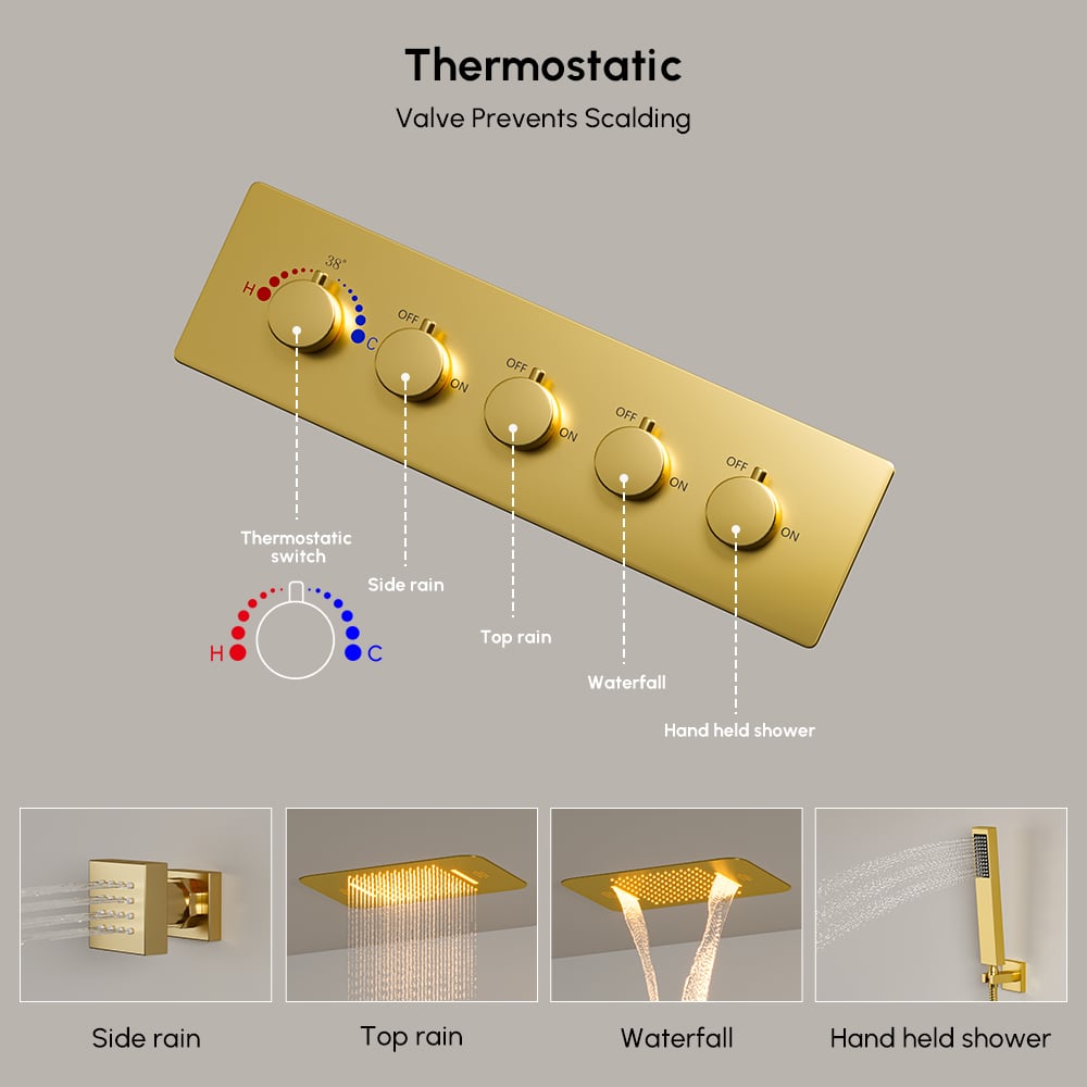 Wall-Mounted Shower System in Gold Thermostatic 4 Functions 23"