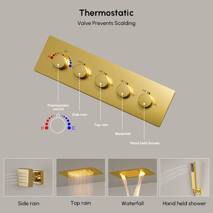 Wall-Mounted Shower System in Gold Thermostatic 4 Functions 23"