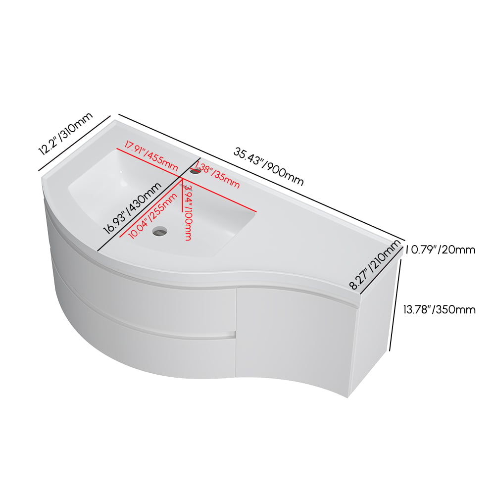 35" Floating Single Curved Bathroom Vanity with Sink & Storage