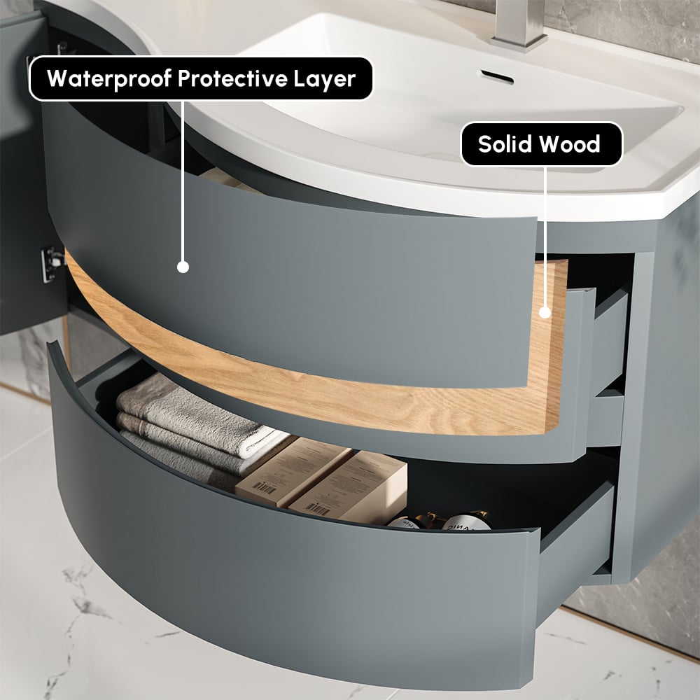 35" Floating Single Curved Bathroom Vanity with Sink & Storage