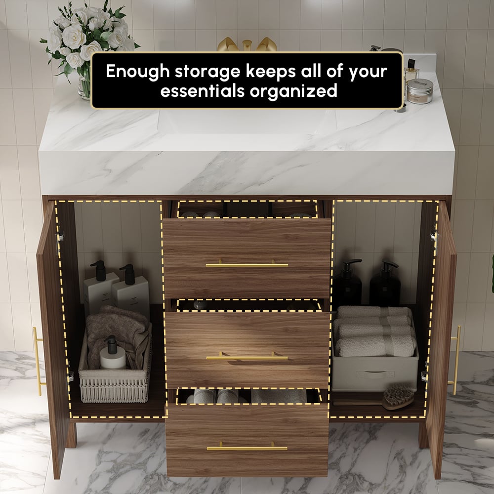 Modern 39" Walnut Sintered Stone Top Bathroom Vanity Set